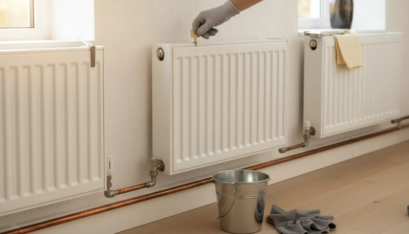 Tre radiatorer på en væg under eftersyn, kun hænder synlige mens radiatornøgle, termometer og værktøj er i brug.