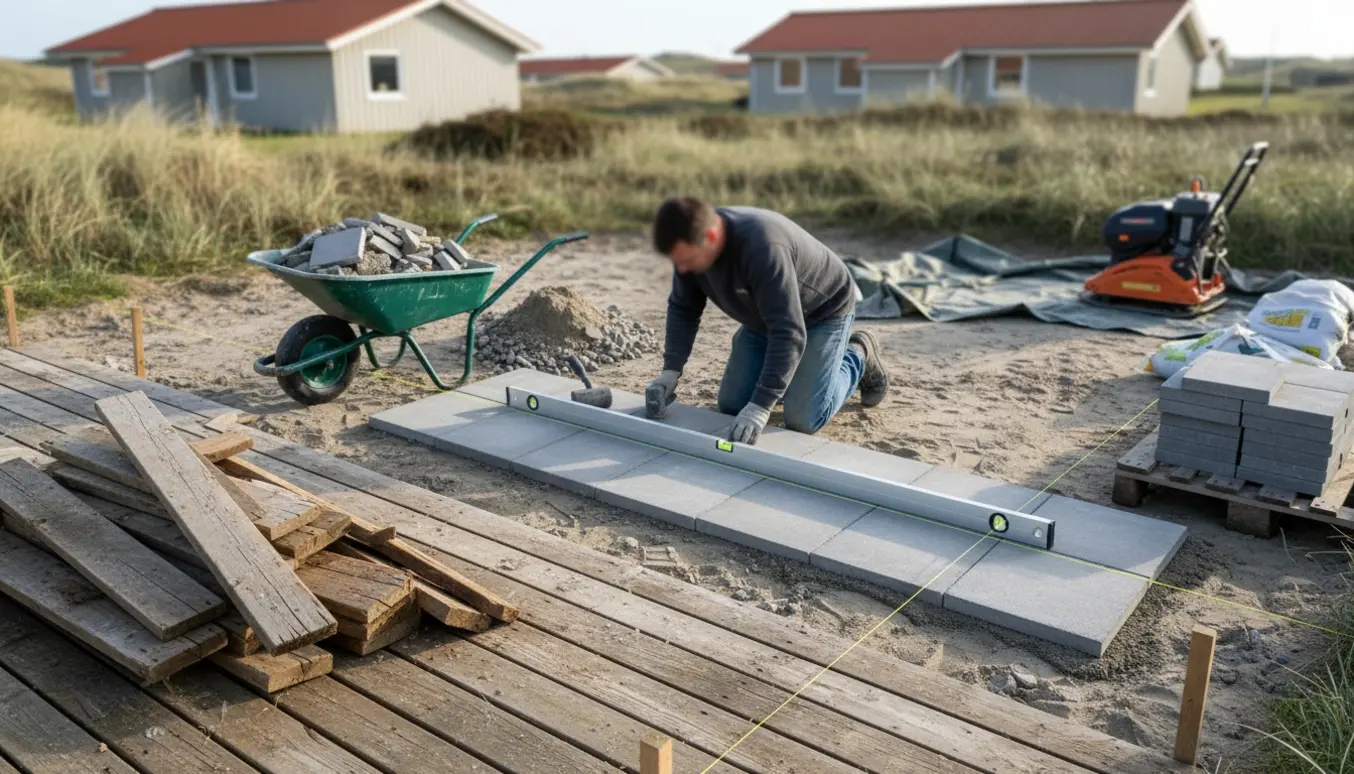 Renovering af lille terrasse med fjernet trædek og lægning af 30x30 cm betonfliser, værktøj og materialer.
