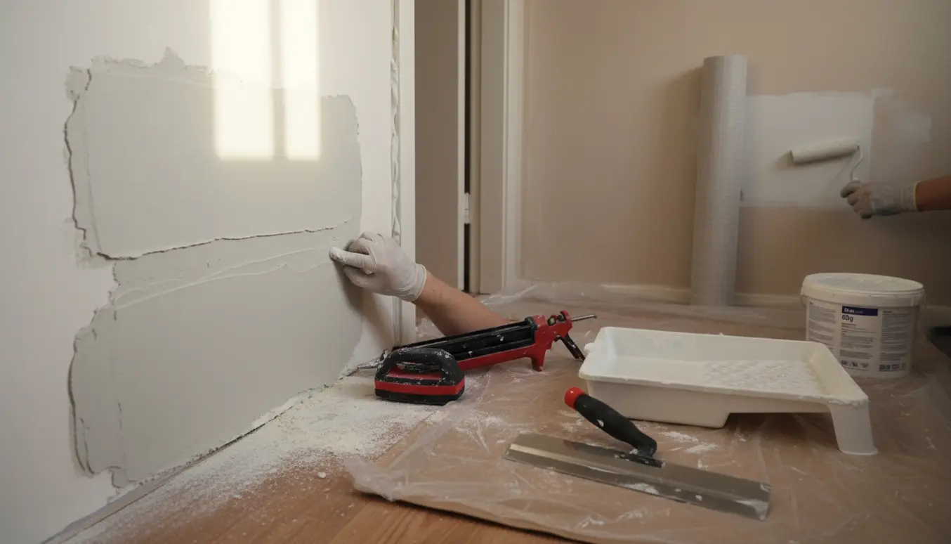 Soveværelse og gang under væg­reparation med spartel, slibning, primer, filt og afdækket gulv.