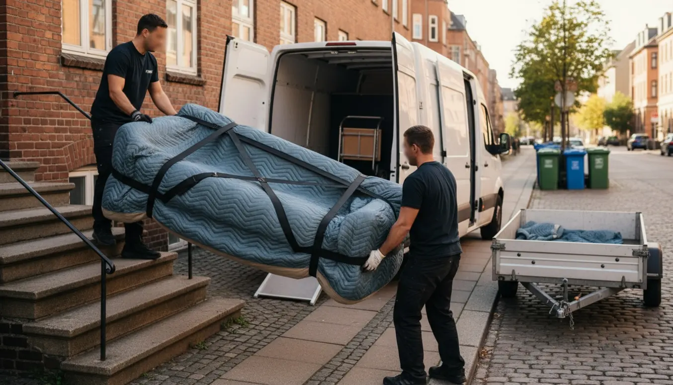 To flyttemænd bærer en stor sofa ned fra en rødstensbygning og læsser den i en varevogn på en stille Østerbro-gade.