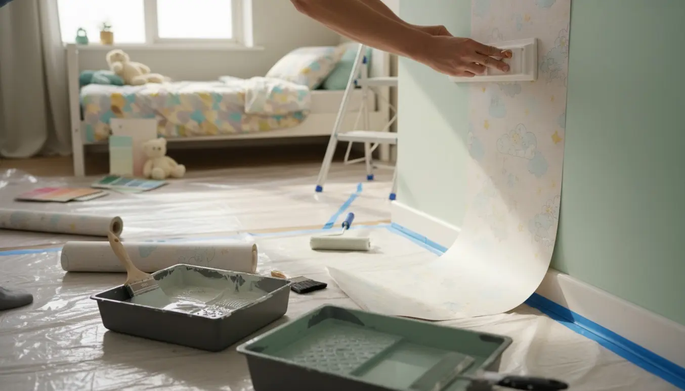 Børneværelse under renovering med nyt tapet, maling og værktøj, en bamse på sengen.