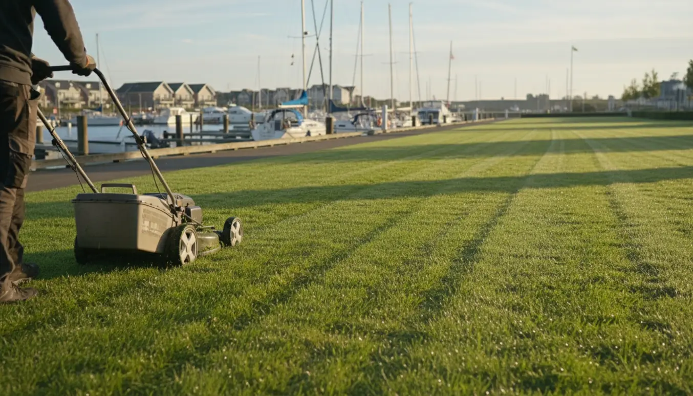 En plæneklipper bevæger sig langs en nyklippet græsplæne ved havnen, uden forhindringer.