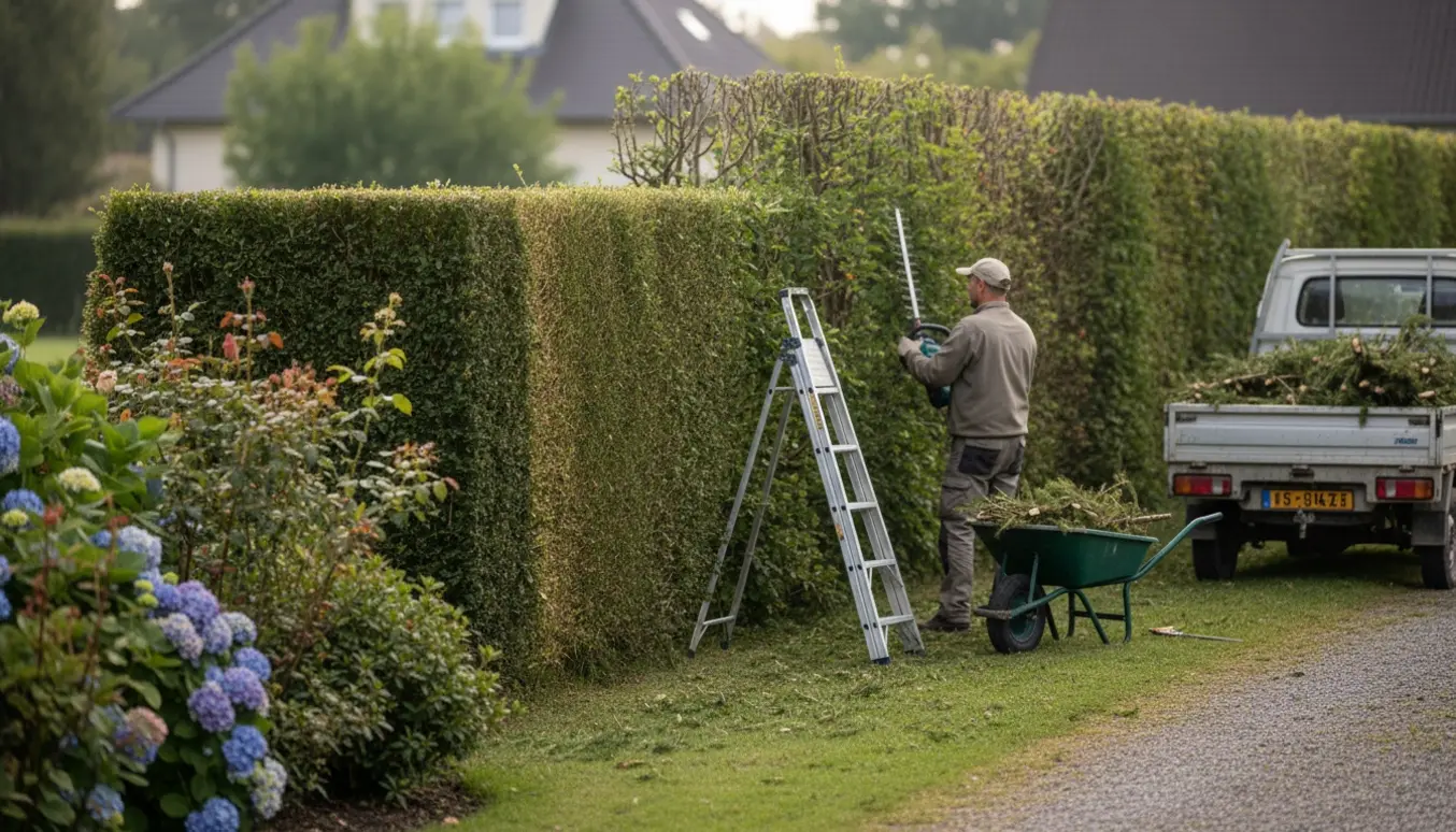Håndværker trimmer en lang lærkehæk med afklip samlet i trillebør og læsset i en åben pickup.