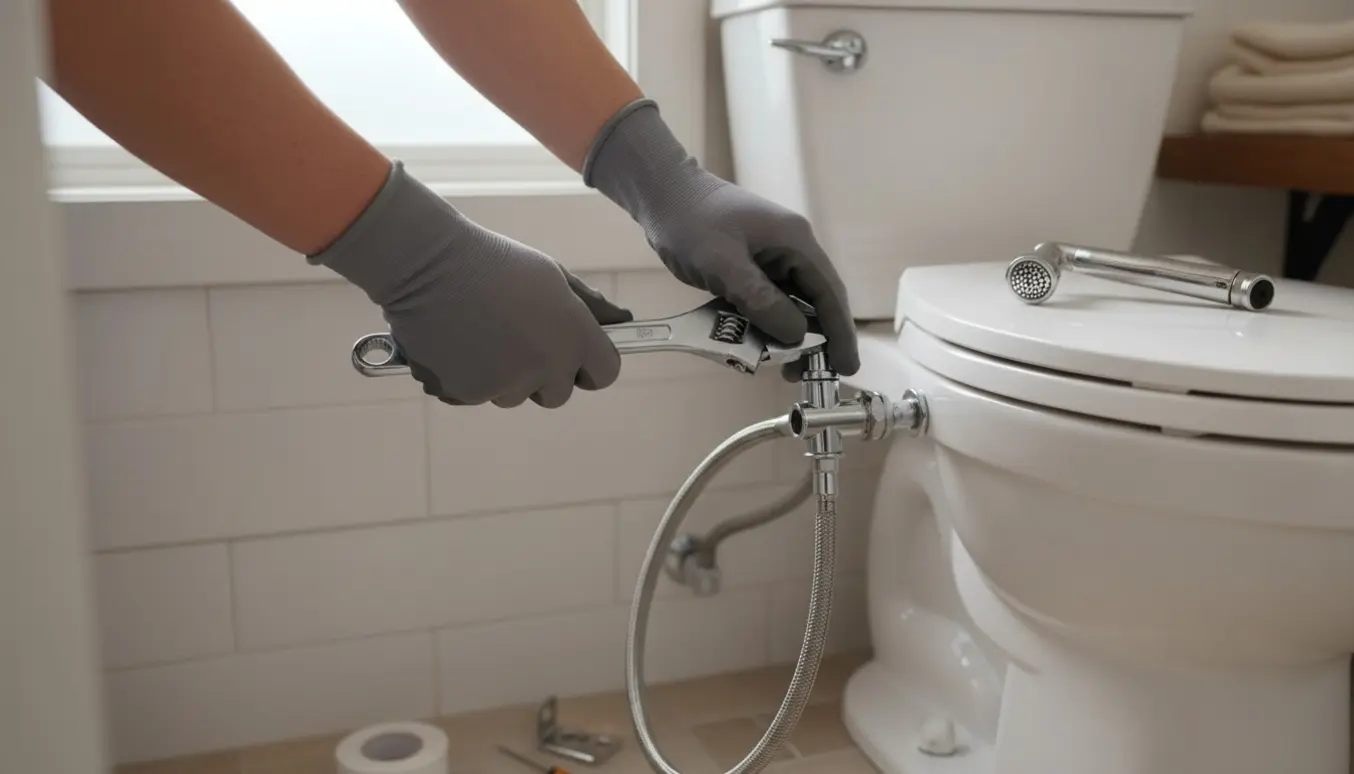 Nærbillede af hænder, der monterer en håndbruser/bidet på toilettets vandtilslutning med skruenøgle og monteringsdele.