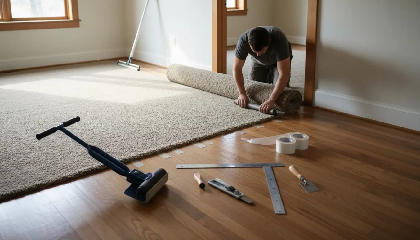 Installatør monterer et stort tæppe i to sammenhængende tomme værelser med værktøj og dobbeltklæbende tape.