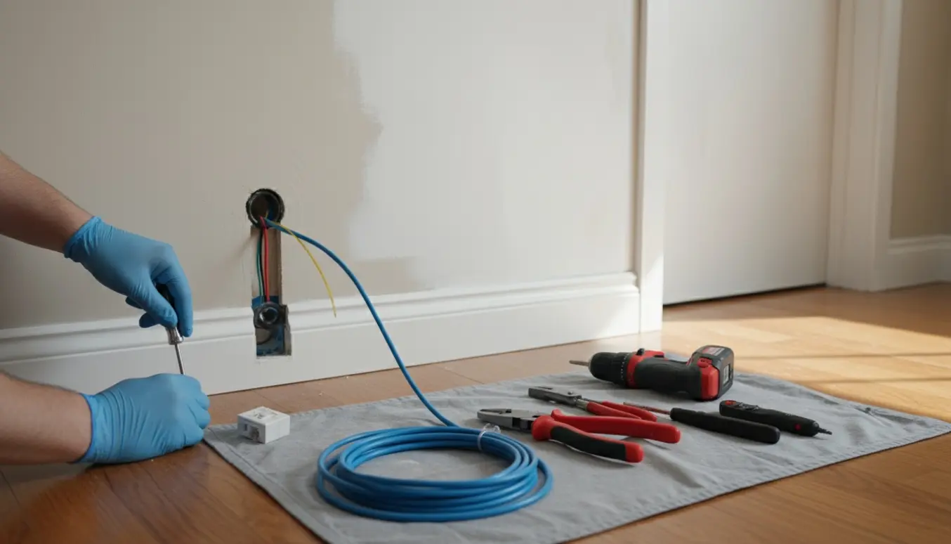 Hænder flytter en stikkontakt og netværksstik ved en nymonteret fodliste i en stue.