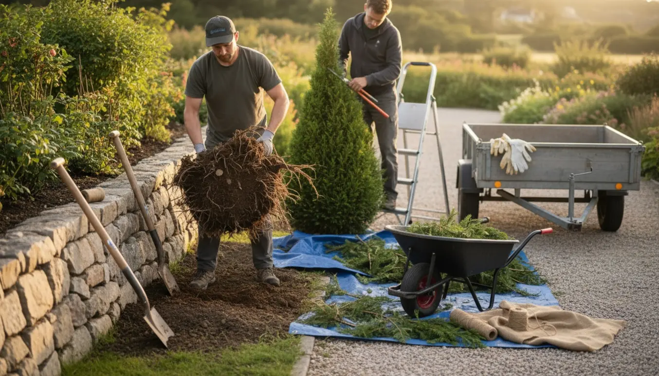 Gartner fjerner en strandrose med rødder ved uændret stensætning, mens et nåletræ topbeskæres og en trailer står klar til bortkørsel.