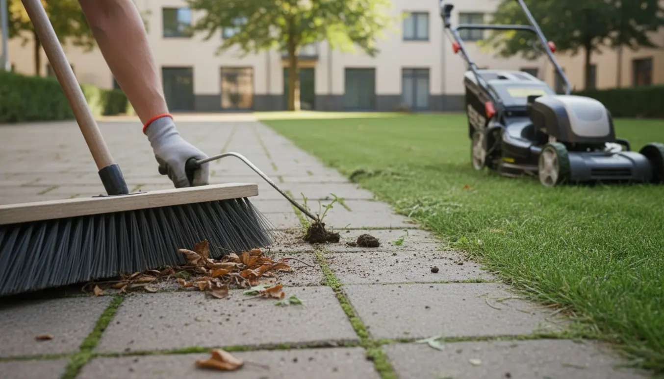 Gårdsplads med fejekost, fjernelse af ukrudt mellem fliser og nyslået græs i baggrunden.