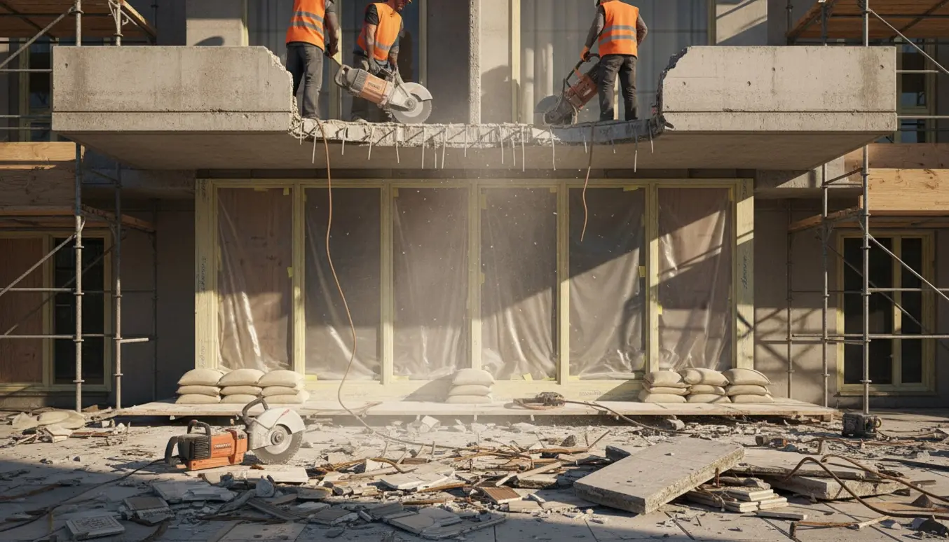 Professionel fjernelse af en støbt altan over beskyttede glaspartier med værktøj og eksponeret armering.