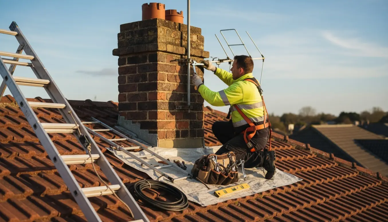 En håndværker fjerner en TV-antenne fra en skorsten på et rødt tegltag.