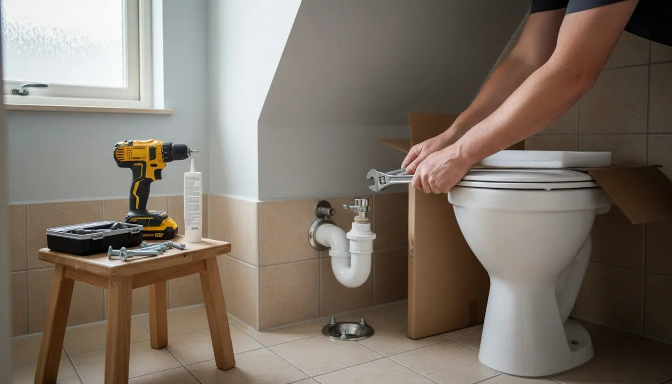 Håndværker tilslutter P-lås til nyt Ifö-lignende toilet i et badeværelse med skråvæg.