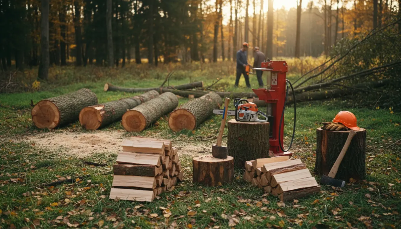 Fældede træer ved skovkant med stabler af kløvet brænde, savskårne stubbe og kløvningsredskaber.