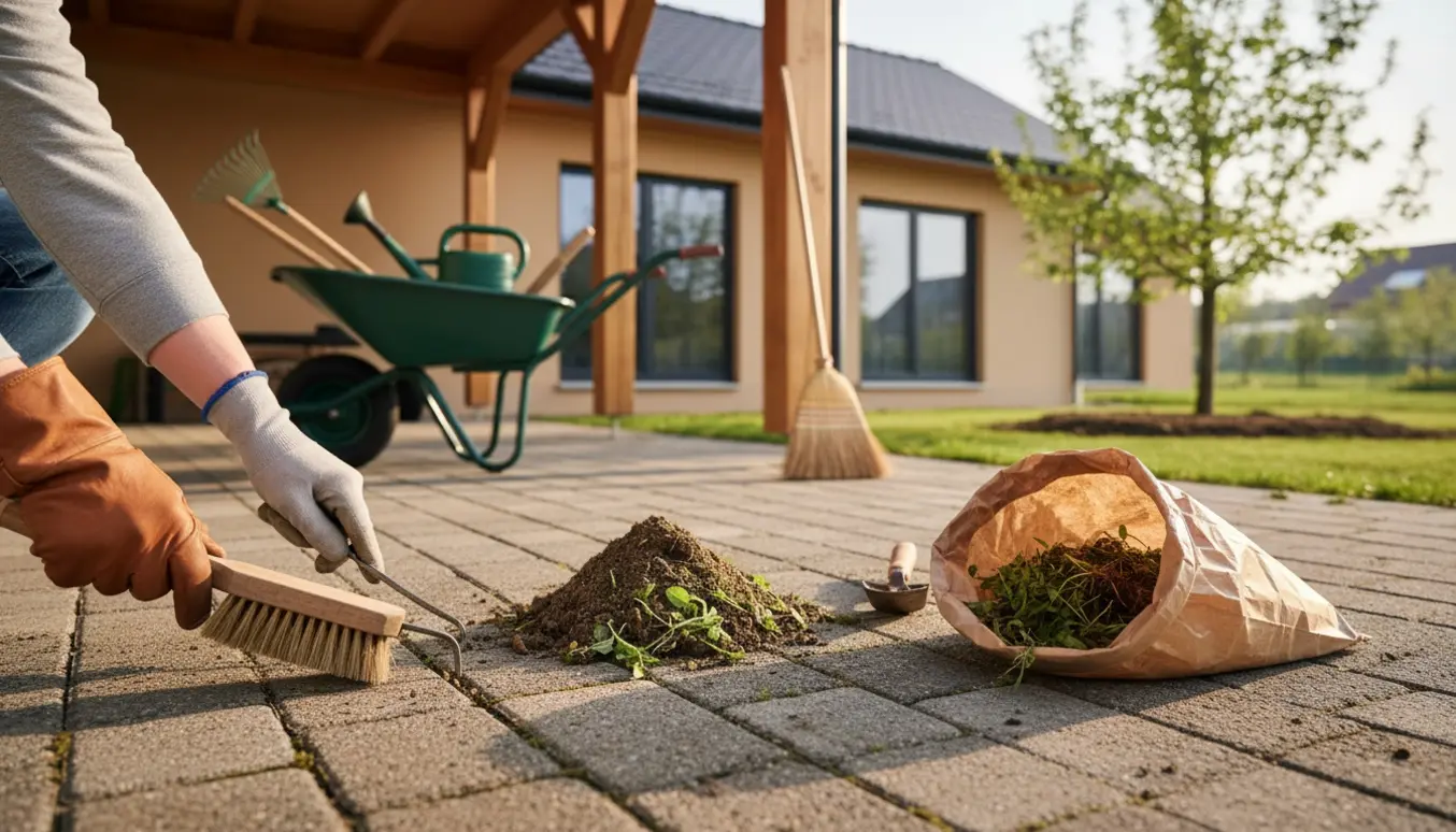 Handskerede hænder fjerner ukrudt fra fugerne mellem fliserne ved huset og carporten.