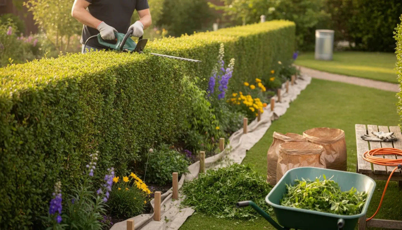 Hækkeklipning af spirea med beskyttede blomsterbede, opsamling af afklip i sække og trillebør.
