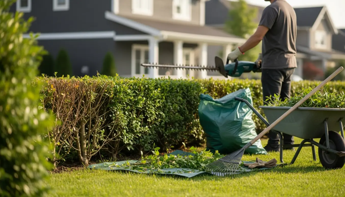 En person trimmer en hæk og samler afklip i en pose foran et velholdt hus.