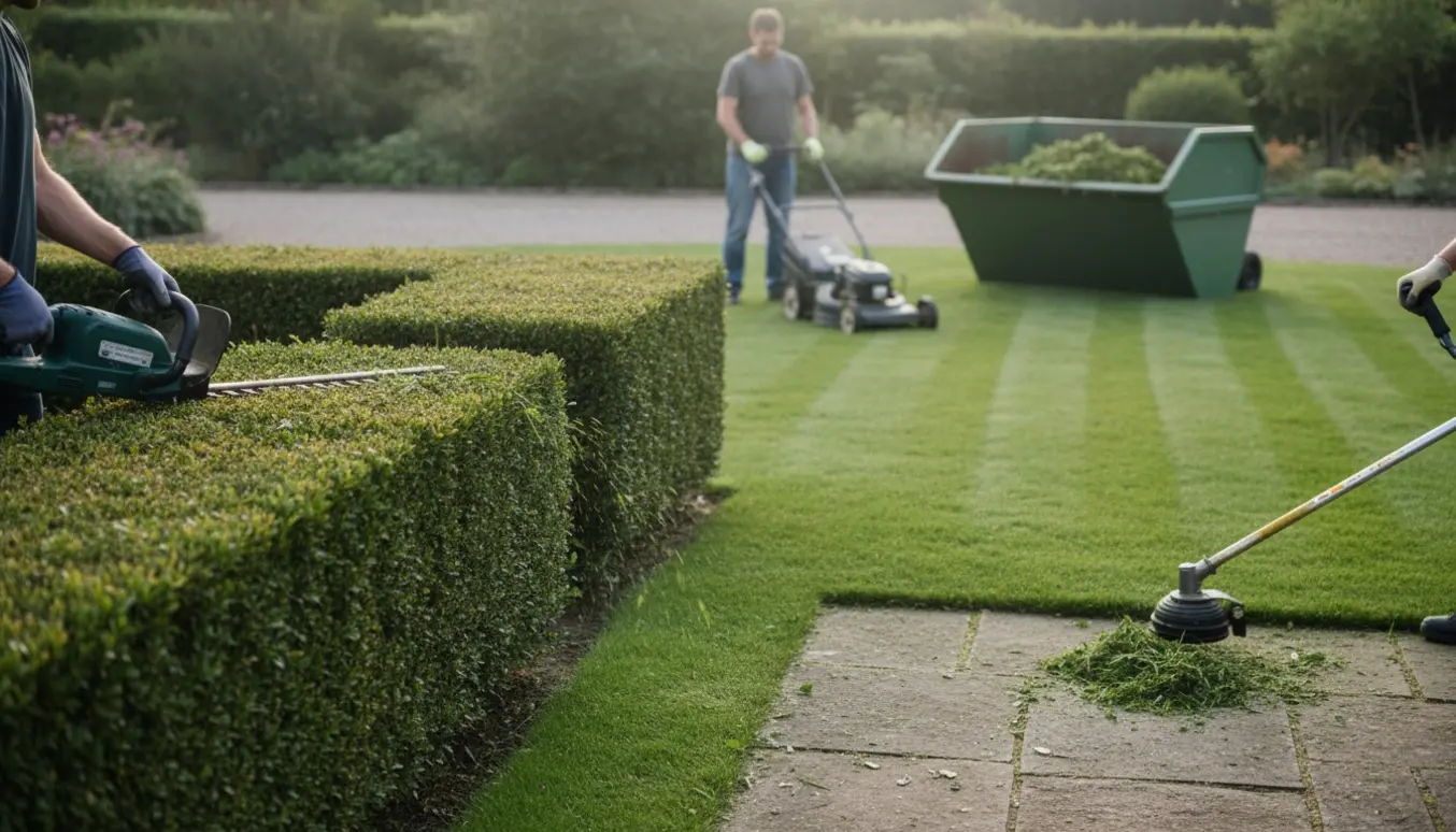 Havearbejder klipper hæk og slår græs ved terrassen med trillebør og container til haveaffald.