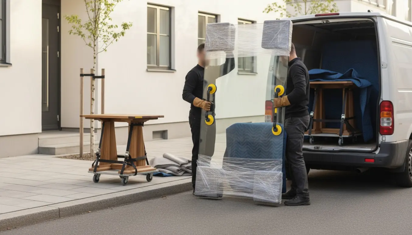Flyttemænd løfter et tungt glasbord ind i en flyttebil, mens et andet spisebord pakkes og står klart på fortovet.
