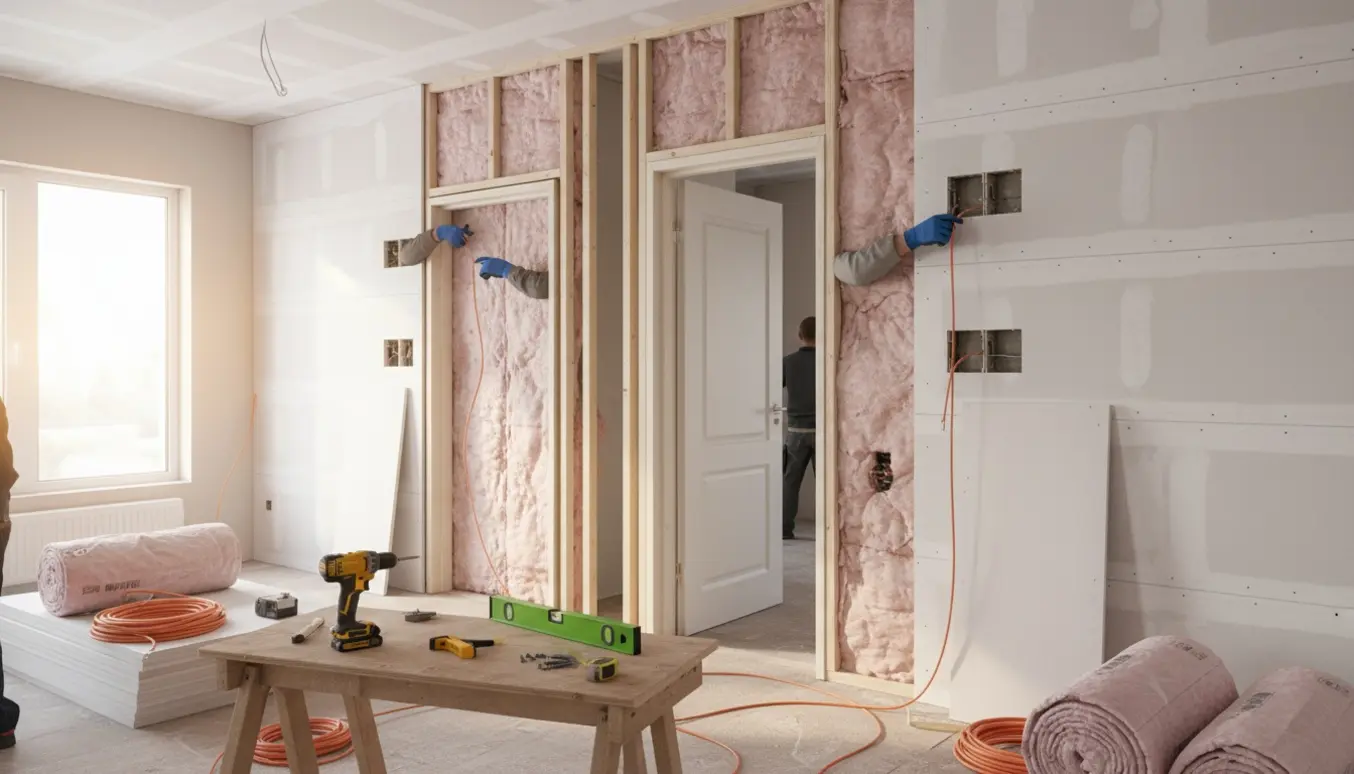 Delvist færdiggjorte skillevægge med dørkarme, isolering og synlige el-installationer i et lyst rum.