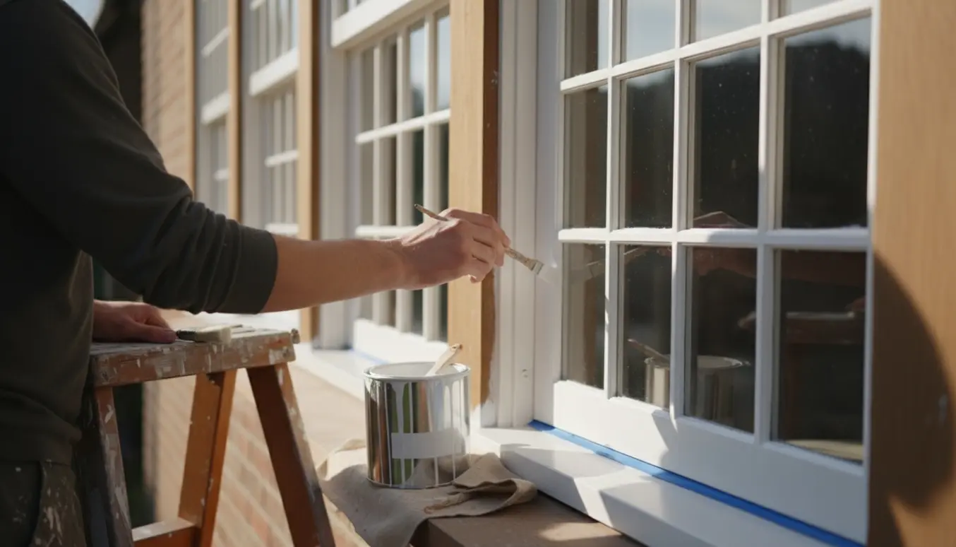 Nærbillede af en maler på stige, der maler udvendige sprossevinduer med pensel og malerbøtte.