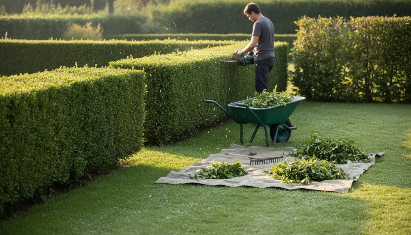 Bagfra set havearbejder trimmer en hæk, mens afklip samles i trillebør og på en presenning.