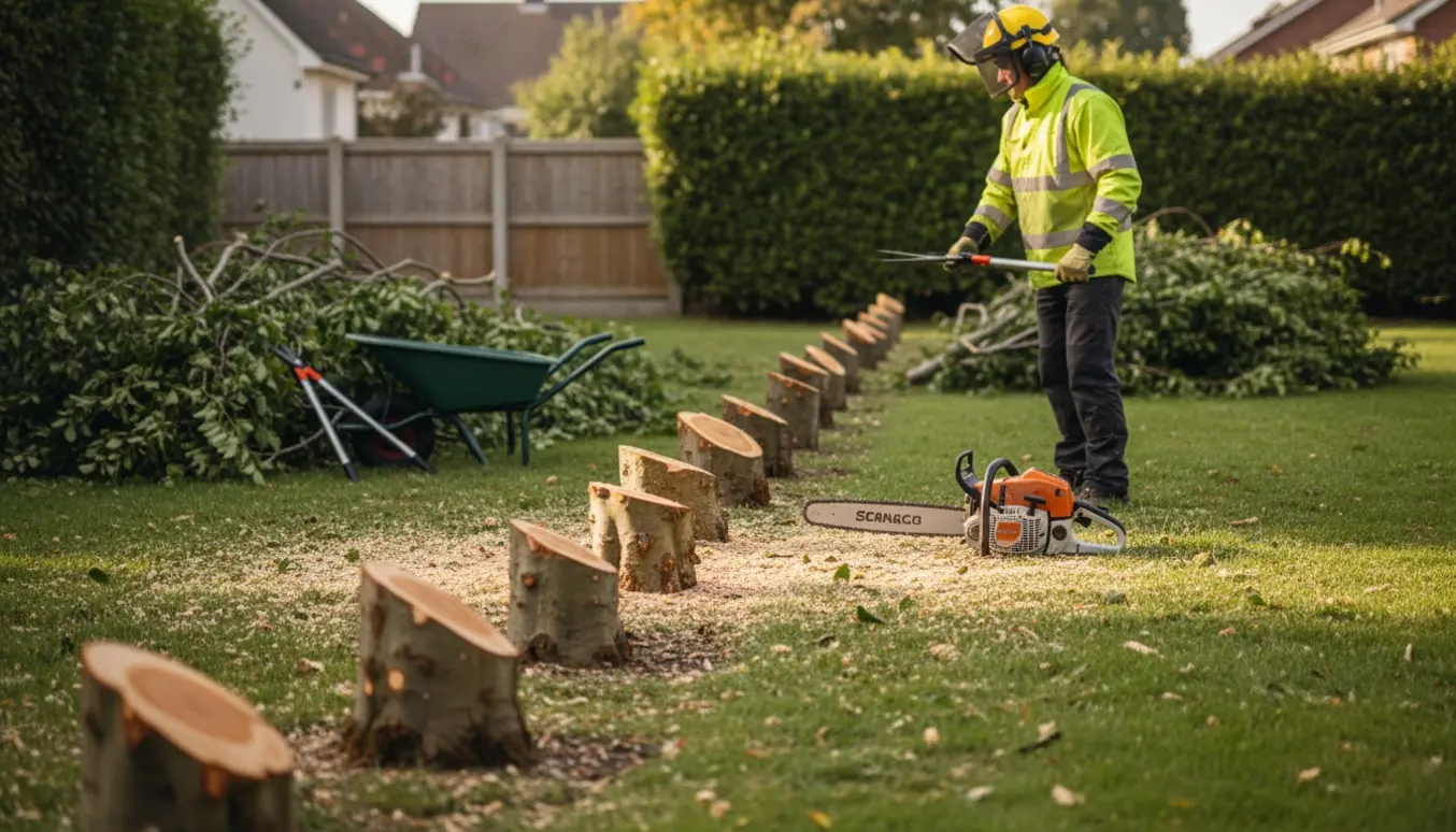 Fældet bøgehæk med savede stammer, savsmuld og en motorsav på græsset.