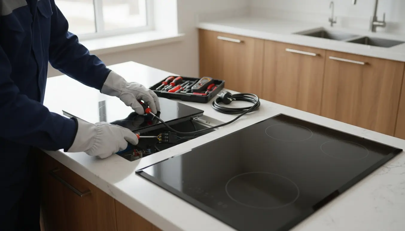 Elektriker tilslutter ledninger til nyt induktionskomfur i et moderne køkken, kun hænder og værktøj synlige.