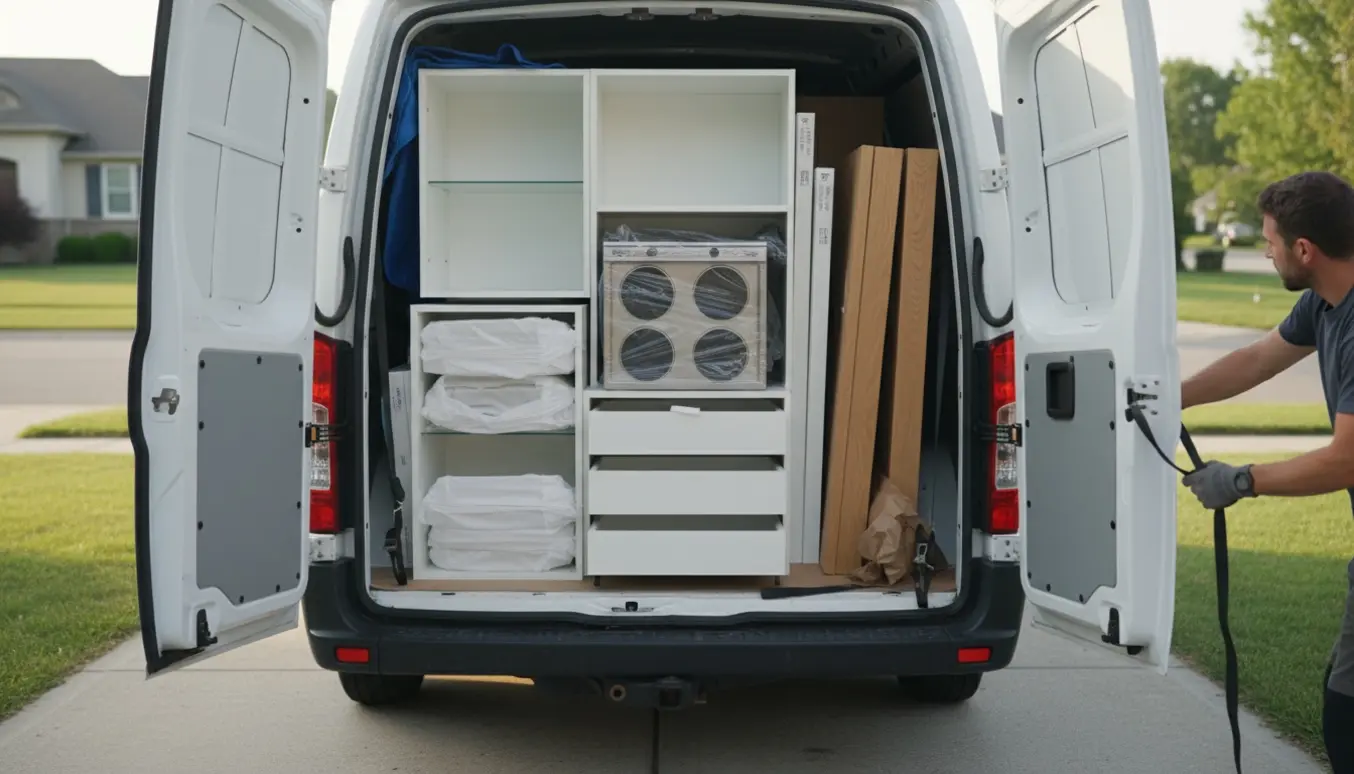 Åben varevogn fyldt med Ikea-køkkenelementer, træbordplader og en kogeplade, mens en person læsser dem.