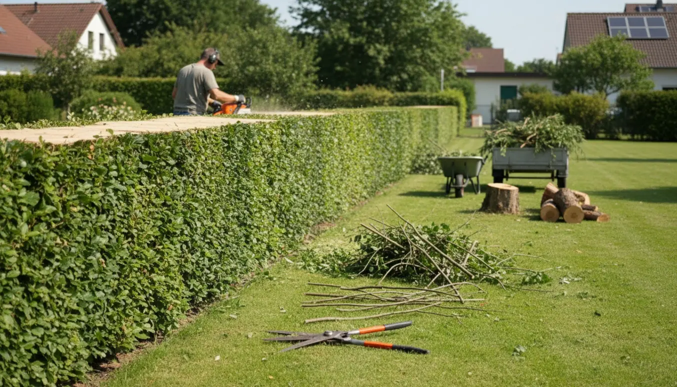 En lang bøgehæk toppes, med en fældet thuja og beskårne grene samlet i en trillebør klar til bortkørsel.