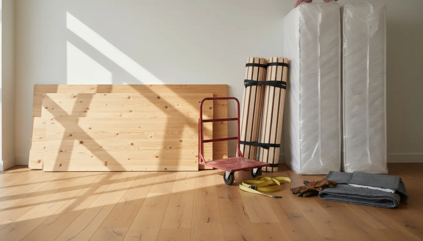 Adskilt fyrretræsseng stablet i en lys lejlighed med rullede lamelbunde og to madrasser klar til fjernelse.