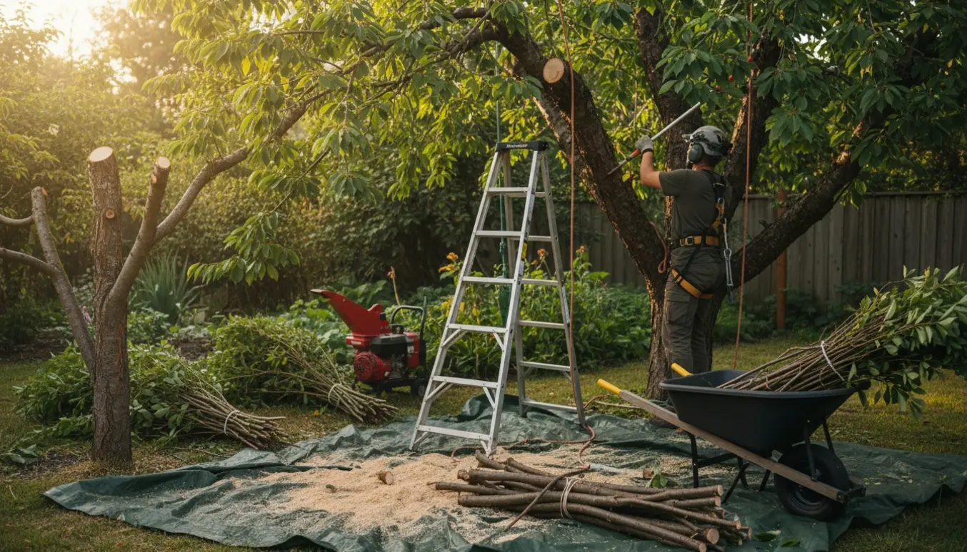 Kraftig beskæring af et stort kirsebærtræ og afkortning af et hyldetræ med beskårne grene samlet til bortskaffelse.