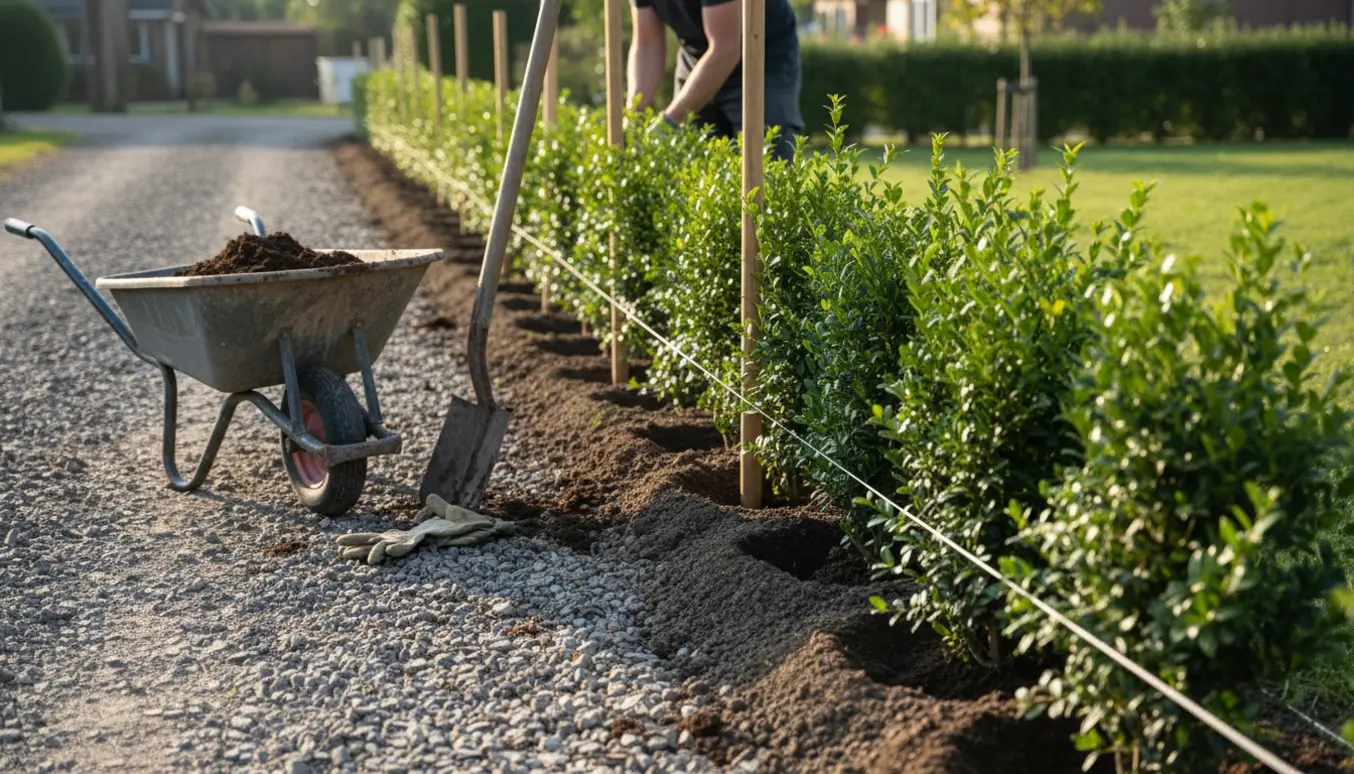 Nyplantet 13,5 meter ligusterhæk langs skel ved en grusvej med frisk jord, trillebør og haveredskaber.