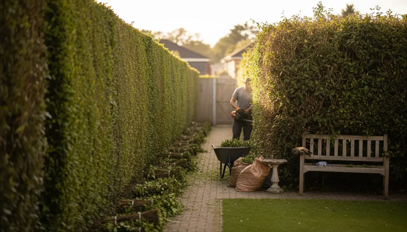 Lang hæk med den ene side nyklippet og bunker af hækafklip klar til afhentning.
