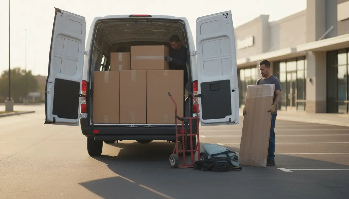 En hvid varevogn bliver læsset med flade papkasser og indpakkede skabslåger i et butiksområde.