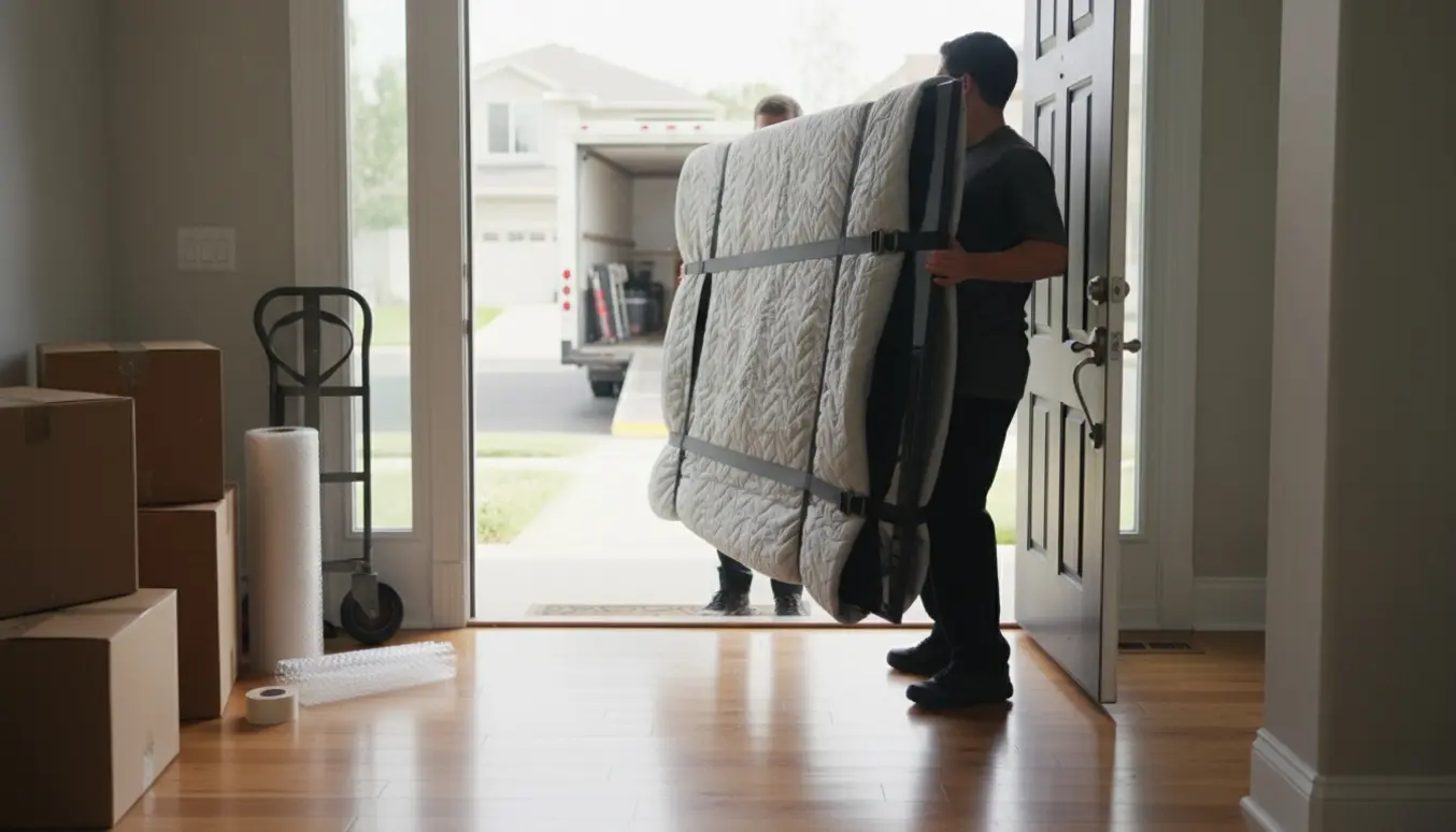 To flyttemænd bærer et stort, indpakket fladskærmsfjernsyn gennem en lys døråbning mod en ventende flyttebil.