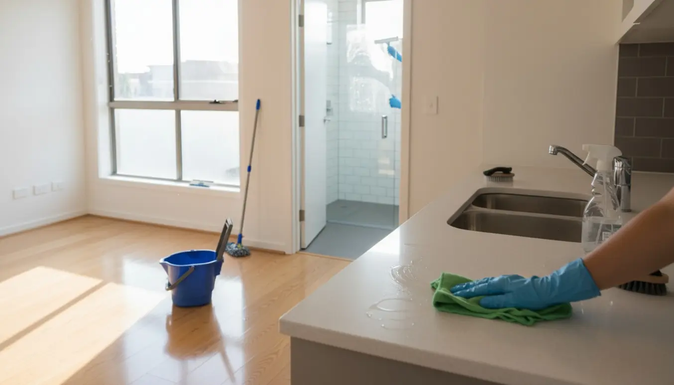 Slutrengøring af 2-værelses lejlighed med moppe, klude og pudsede vinduer, køkken og badeværelse skinner.
