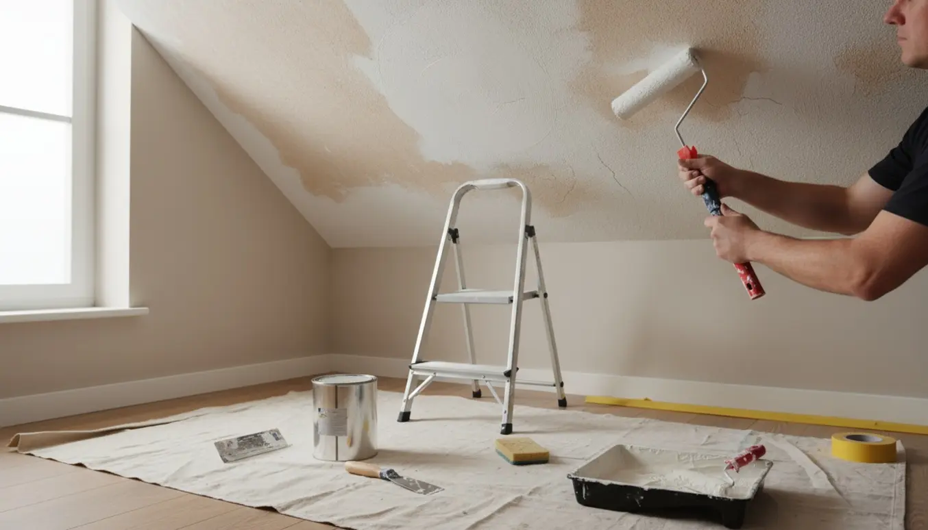 Et lille loft klargjort og malet efter fugtskader med stige, rulle og reparationsværktøj.