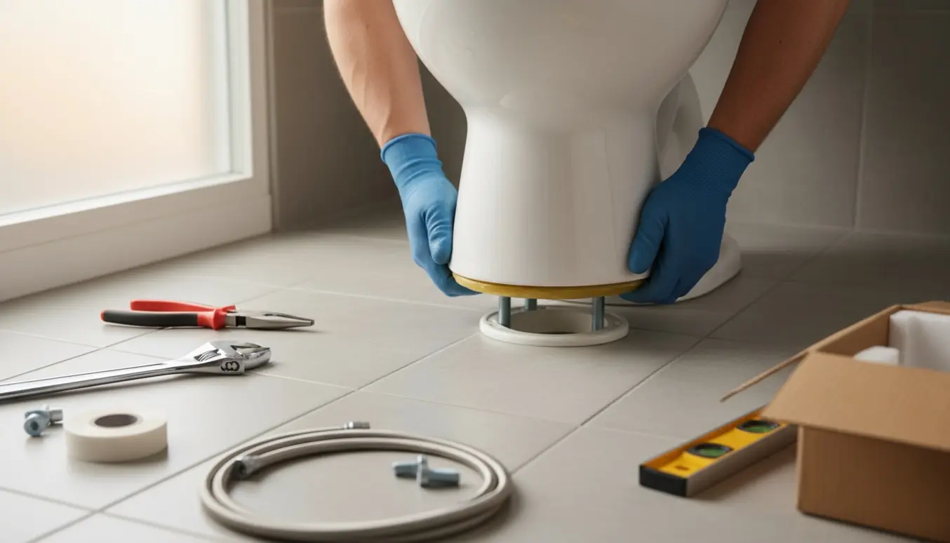 Installatør monterer nyt hvidt toilet i et lyst flisebadeværelse med fokus på hænder og værktøj.