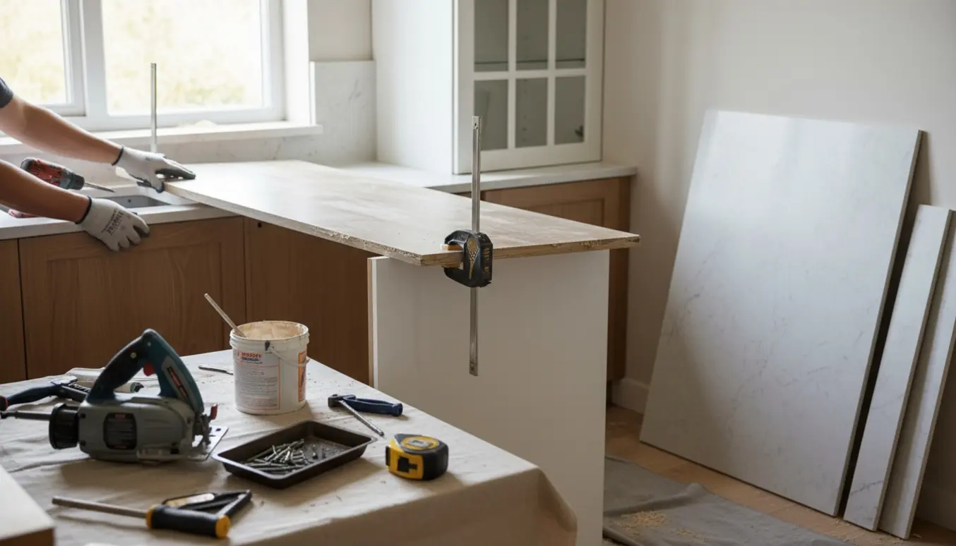 Håndværkere fjerner og opsætter køkkenbordplader ved vindue og over vitrine med værktøj og nye plader i et lyst køkken.