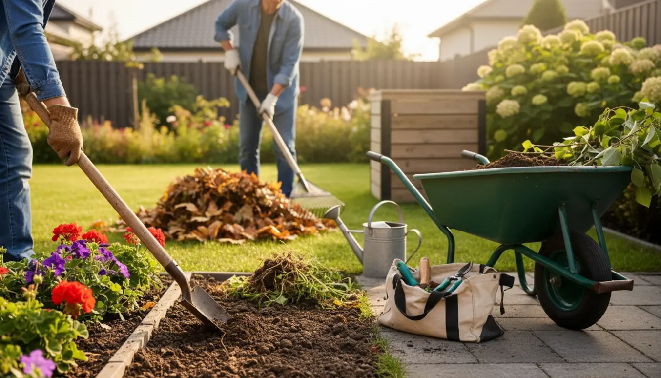 Havearbejde i en solbelyst have med handsker, spade, rive og en trillebør fyldt med jord.