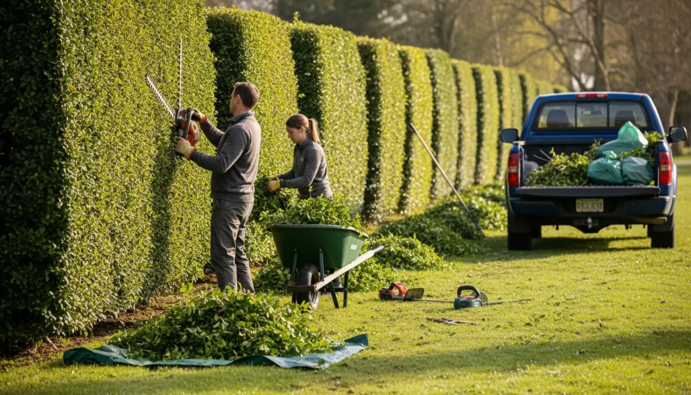 Nyklippet ligusterhæk med værktøj og samlet grønt affald klar til bortkørsel.