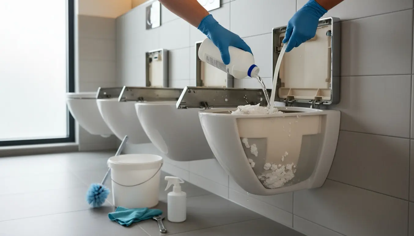 Hænder i gummihandsker afkalker en åben indbygningscisterne i et moderne kontortoilet.