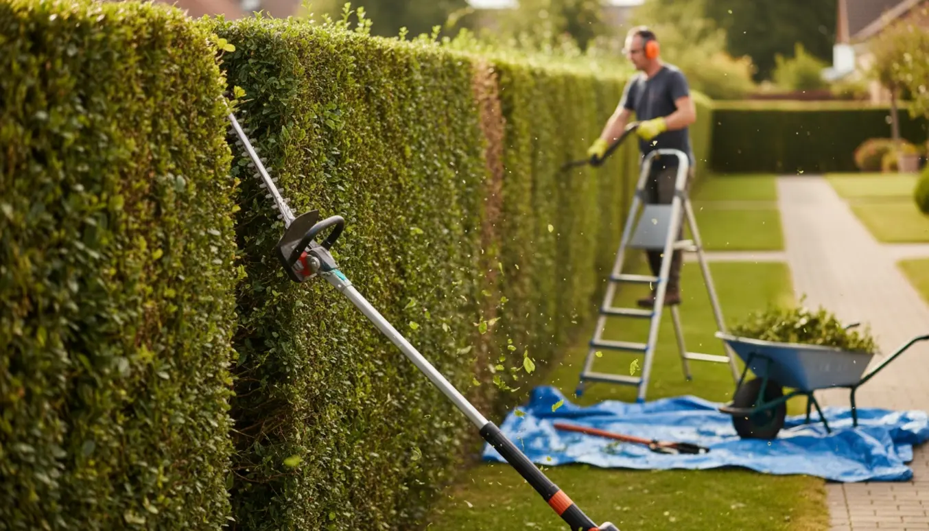 Lang hæk bliver klippet fra siden og i toppen med en langtrækkende trimmer, og klippeaffald er samlet i en trillebør.