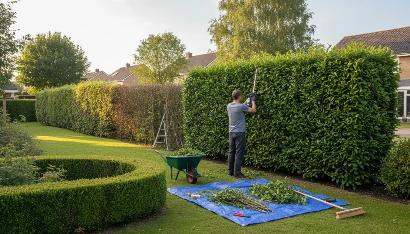 Havearbejder trimmer høje hække i en solrig have med værktøj og bunker af afklip.