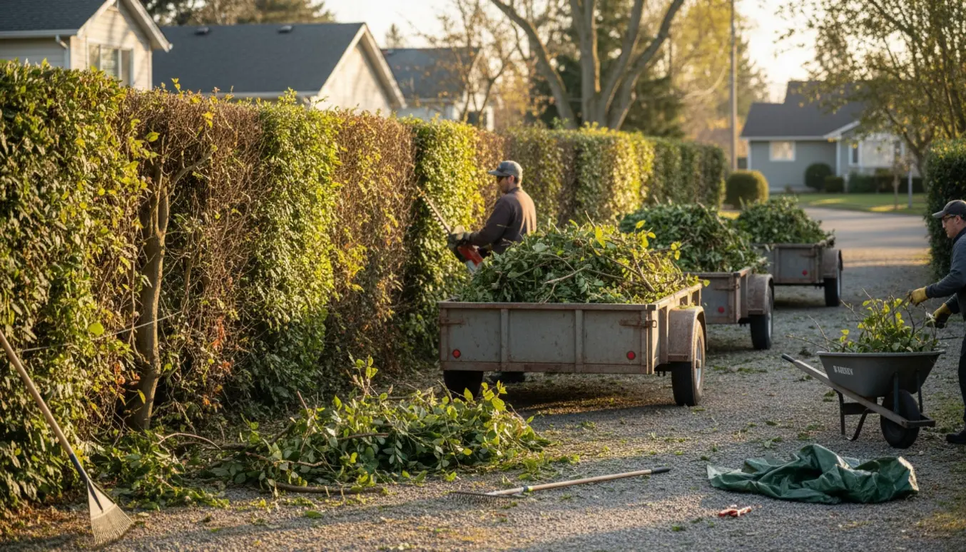Nyklippet hæk med bunker af grene og tre trailere fyldt med hækaffald klar til bortkørsel.