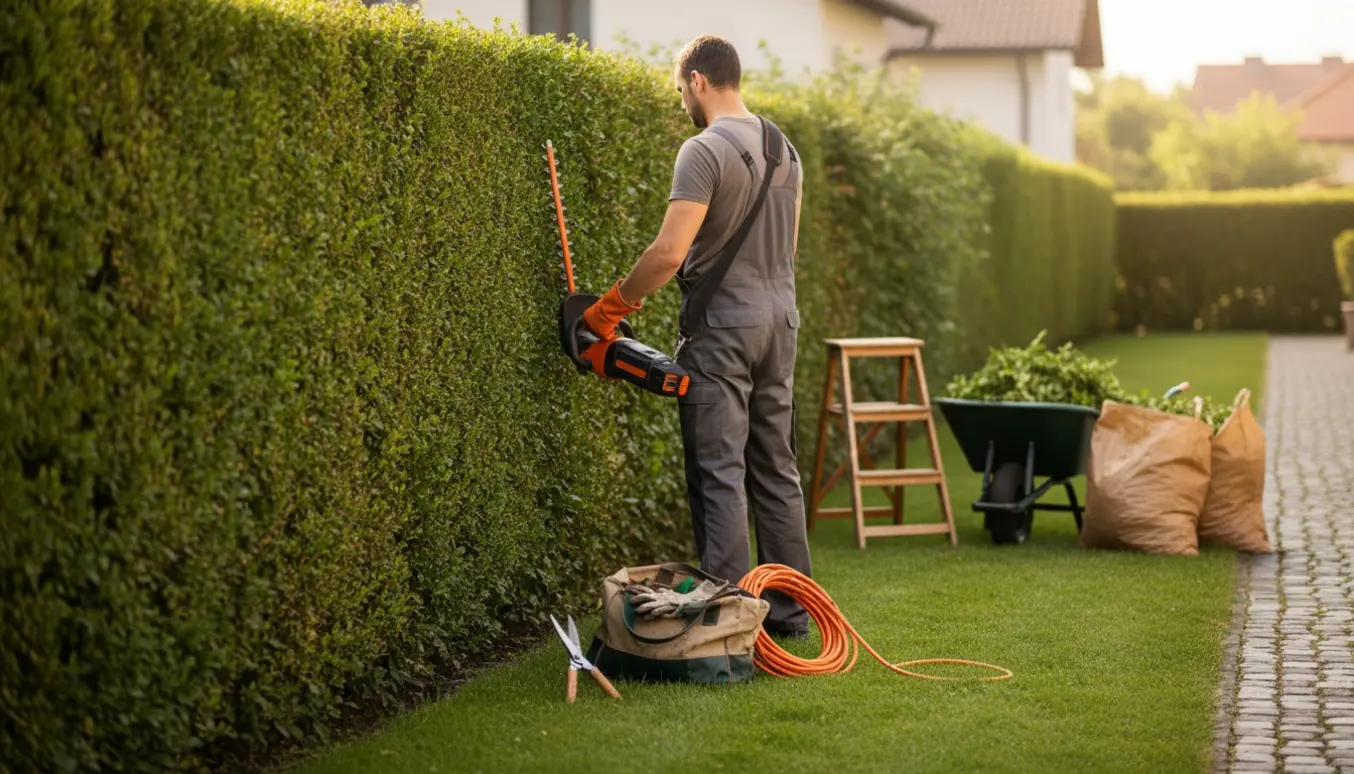 Havemand trimmer en lang hæk med egne redskaber ved siden af en trillebør fyldt med afklip.