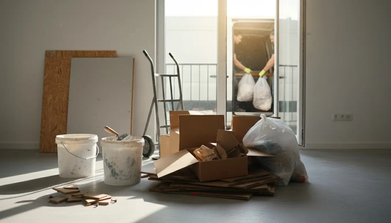 Affald fra stuerenovering samlet ved dør: pap, fyldte poser, tomme spartelbøtter, gipsplade og en stump OSB klar til afhentning.