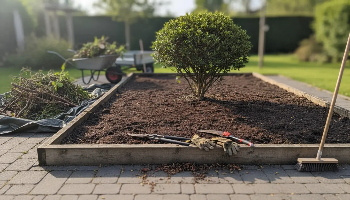 Et ryddet rododendronbed med en fint beskåret busk og haveaffald i trillebør klar til bortkørsel.