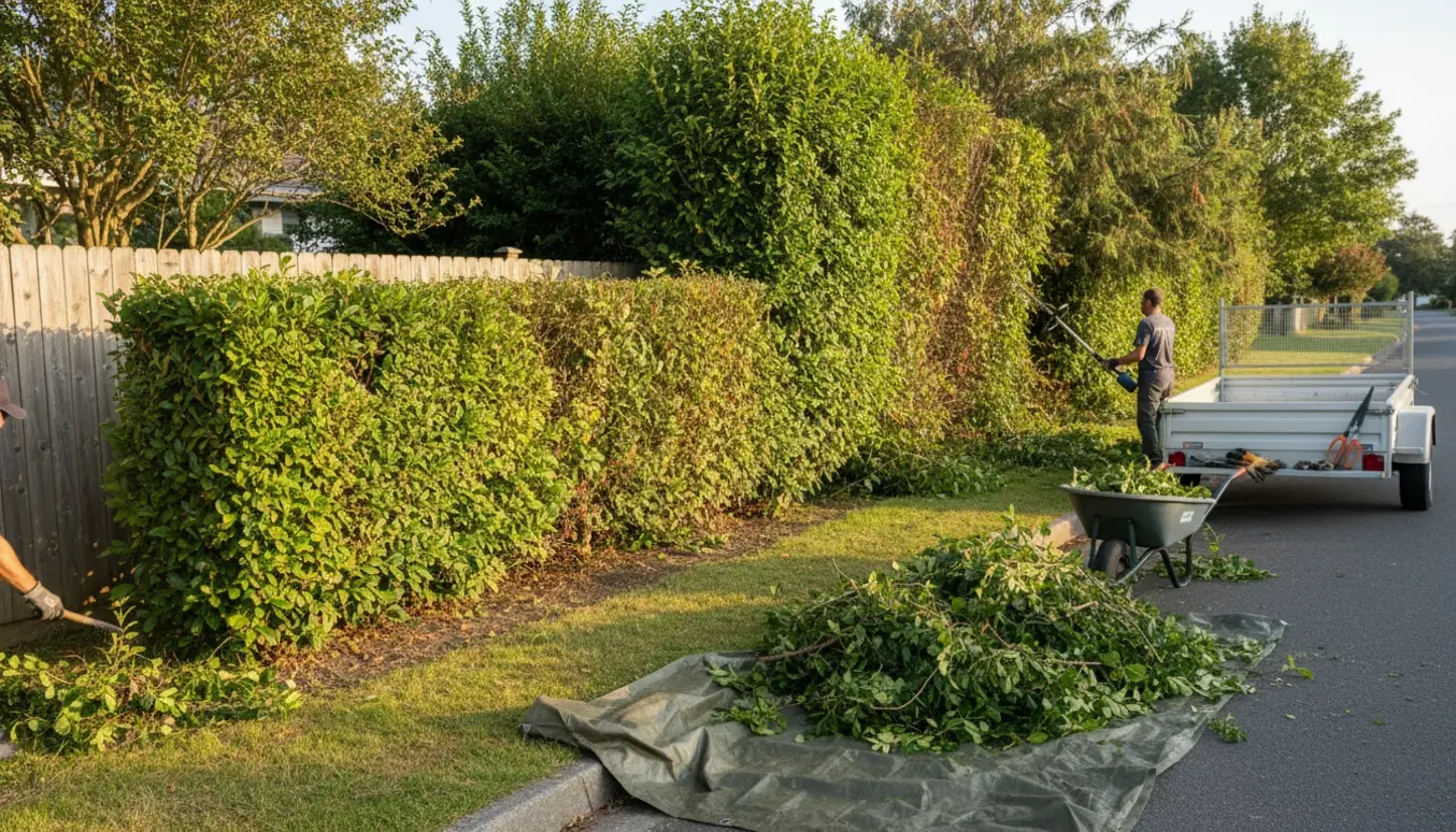 Hæk på cirka 2,5–3 m bliver klippet ned og ukrudt ryddet langs vejkanten med værktøj og bunker af afklip.