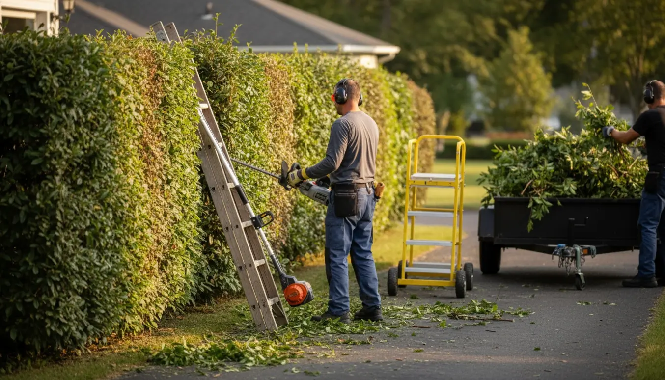 Bagfra set hækkeklipning med akku-hækkeklipper og trailer, hvor friske klip ligger klar til læsning.