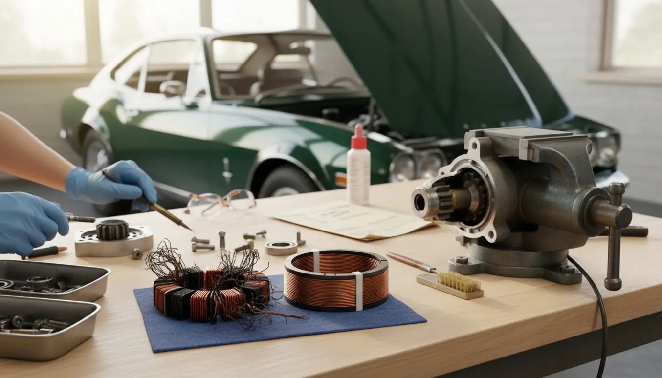 Nærbillede af renovering af startmotor til en vintage Chrysler 160GT med en defekt spole og reservedele på et værkstedsbord.
